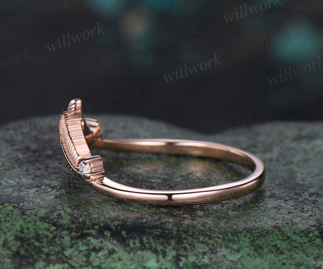 Curved leaf diamond wedding band solid 14k rose gold two stone nature inspired matching stacking bridal wedding ring women