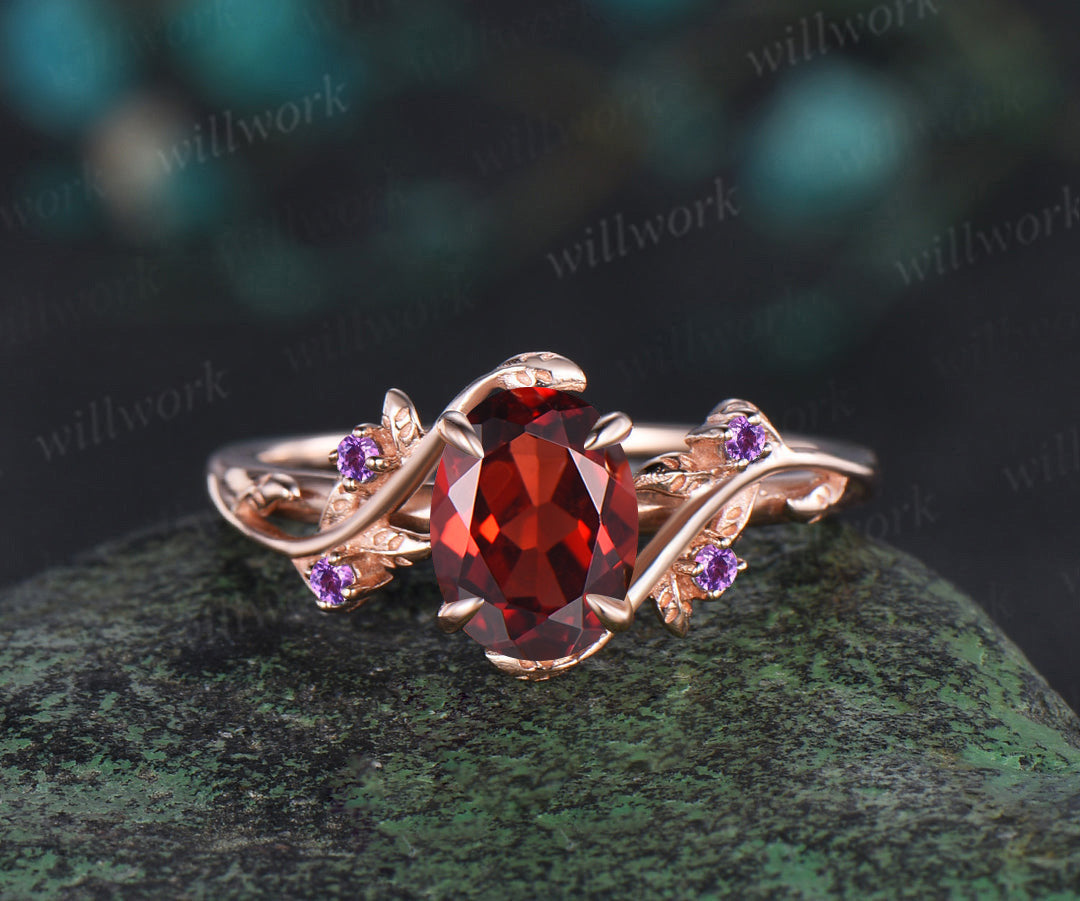 Vintage oval garnet engagement ring nature inspired leaf amethyst ring wedding band enhancer twisted bridal ring set women