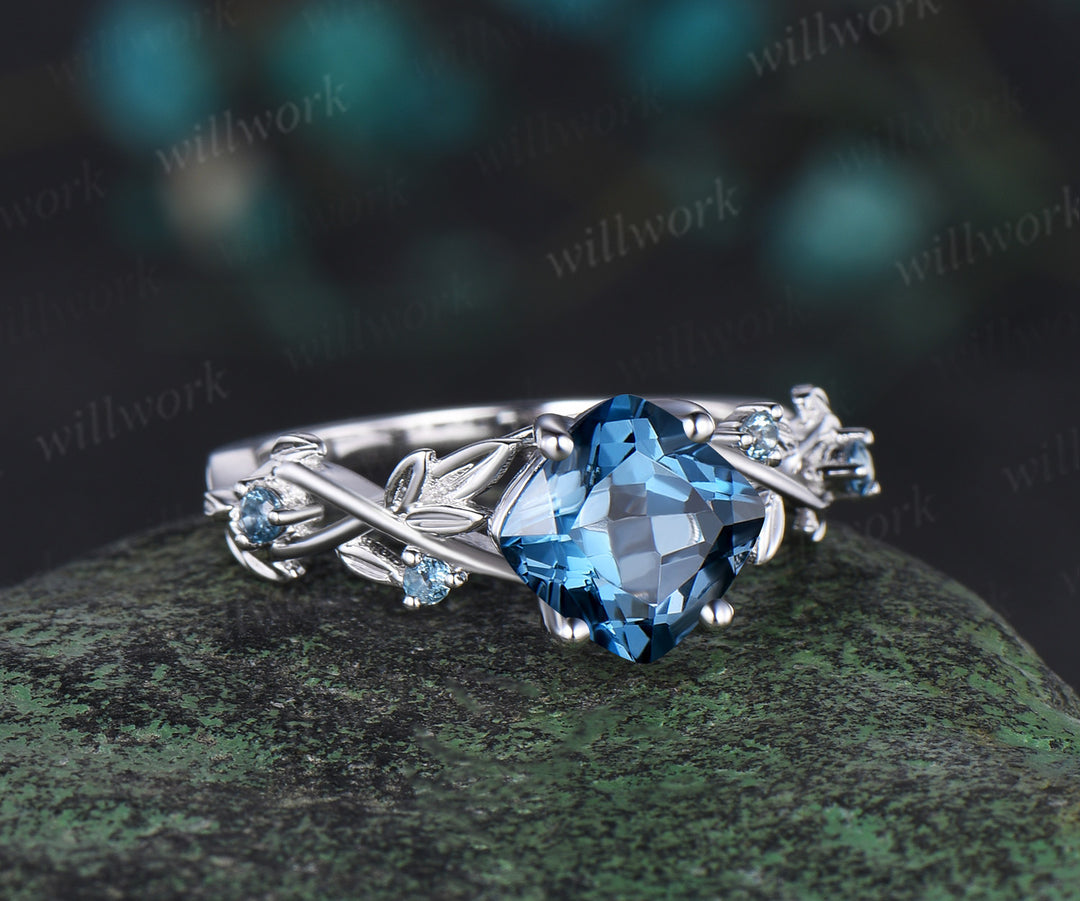 Twig cushion cut London blue topaz engagement ring 14k white gold leaf topaz ring December birthstone ring anniversary ring for women gift