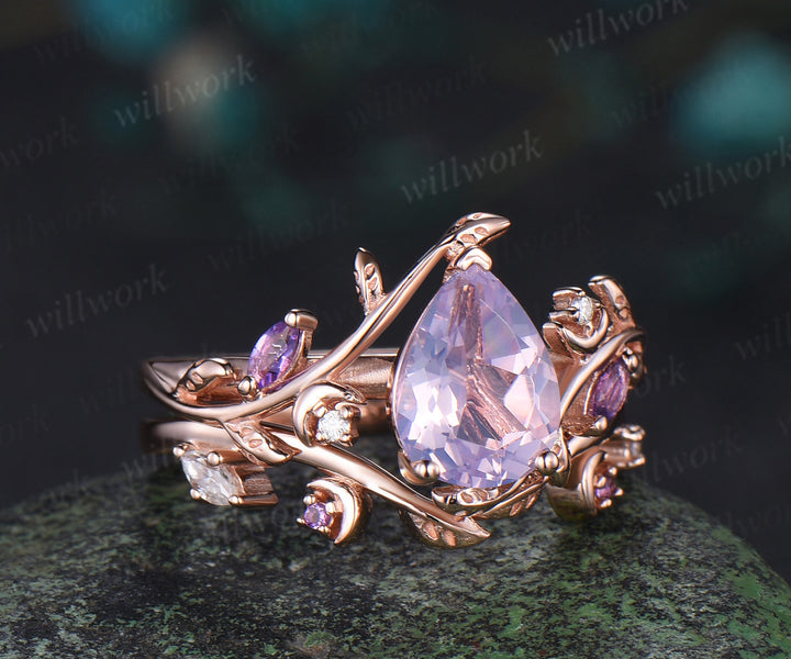 Vintage pear shaped Lavender Amethyst engagement ring rose gold nature inspired leaf moon moissanite wedding bridal ring set women