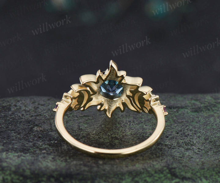 Bezel round cut London blue topaz engagement ring yellow gold moon star five stone amethyst wedding ring women