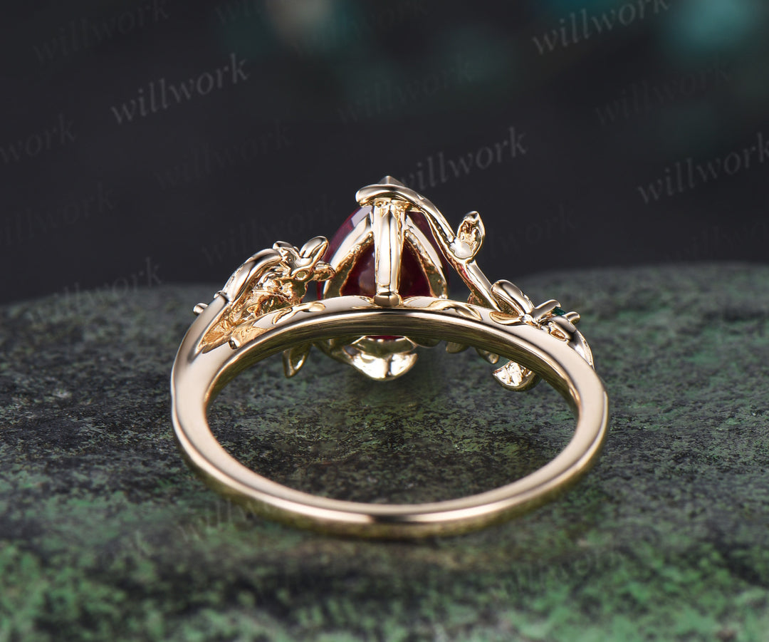 Vintage pear red ruby engagement ring five stone solid 14k yellow gold nature inspired leaf floral emerald wedding ring women gift