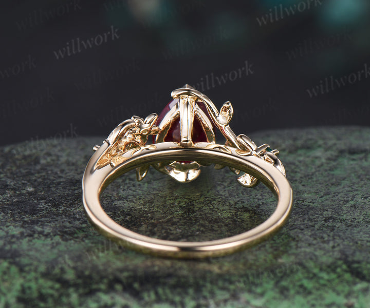 Vintage pear red ruby engagement ring five stone solid 14k yellow gold nature inspired leaf floral emerald wedding ring women gift