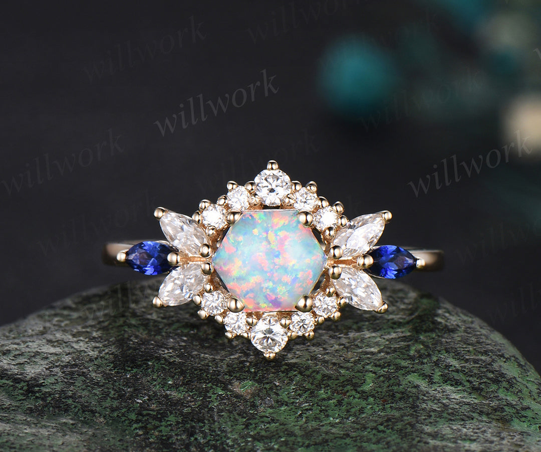 Hexagon white opal engagement ring set 14k yellow gold halo moissanite sapphire wedding ring set