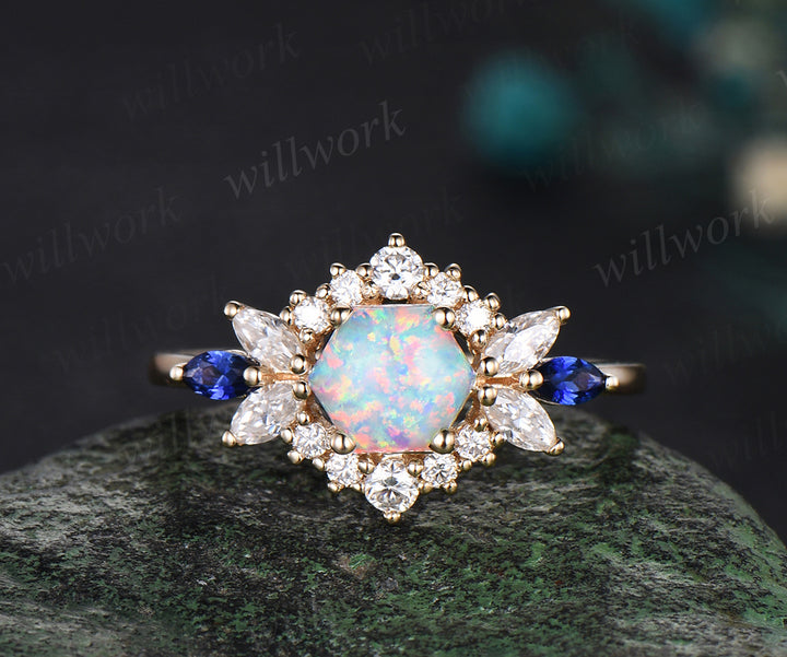 Hexagon white opal engagement ring set 14k yellow gold halo moissanite sapphire wedding ring set