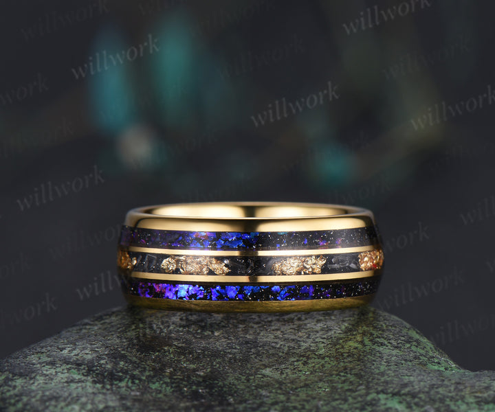 Nature Inspired Pear Galaxy Blue Sandstone Leaf Ring Set & Tungsten Galaxy Nebula Men Blue Sandstone Band Couple Ring Set