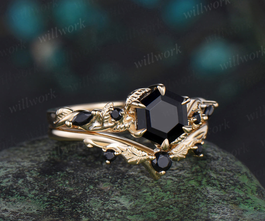 Vintage hexagon cut black onyx engagement ring set yellow gold leaf nature inspired five stone black spinel ring women