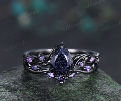 Nature inspired pear blue sandstone ring set 14k black gold unique twig vine teardrop galaxy gemstone ring amethyst band bridal set