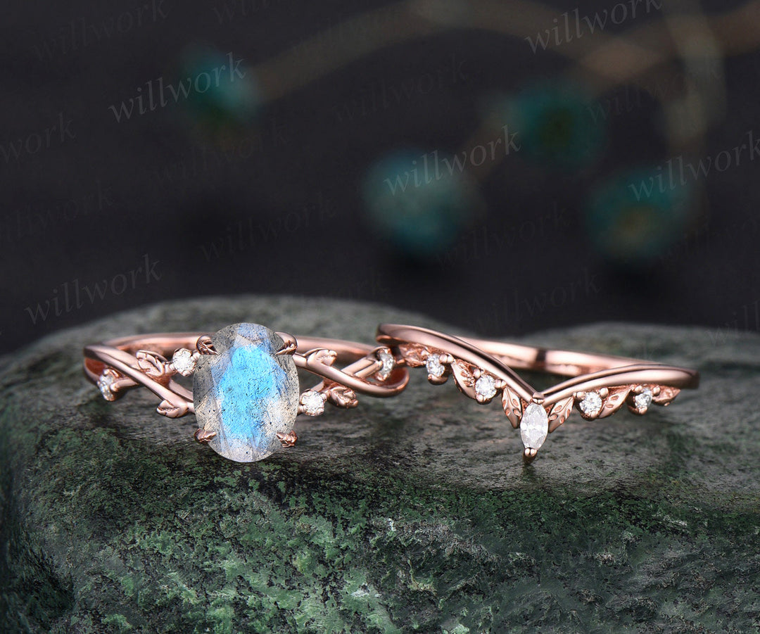 Oval blue labradorite engagement ring set twig branch ring curved leaf moissanite wedding band bridal set for women