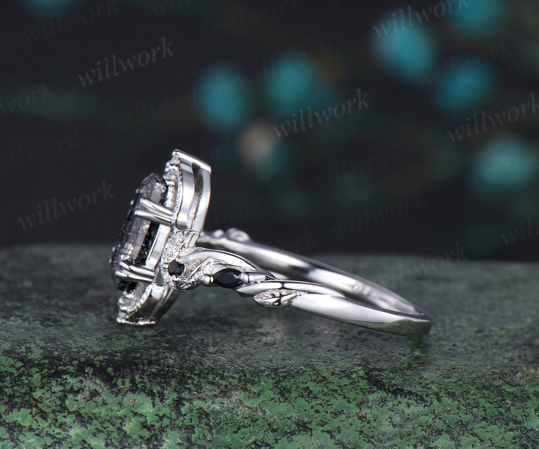 Coffin cut black rutilated quartz engagement ring white gold antique leaf twisted moon diamond wedding anniversary ring women gift
