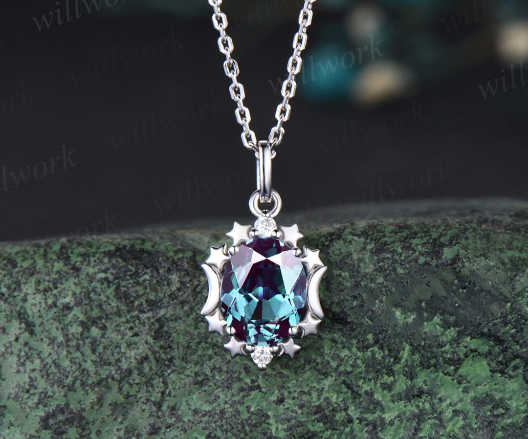 Unique Oval Cut June Birthstone Alexandrite Necklace Moissanite Three Stone Star Moon Pendant Minimalist 925 Sterling Silver 14k White Gold Engagement Gift