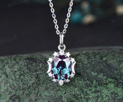 Unique Oval Cut June Birthstone Alexandrite Necklace Moissanite Three Stone Star Moon Pendant Minimalist 925 Sterling Silver 14k White Gold Engagement Gift