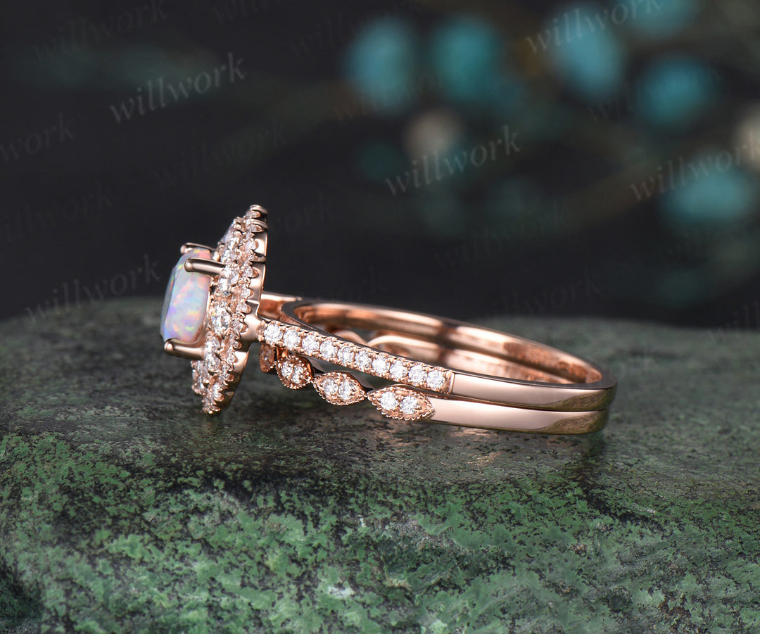 Round white opal engagement ring double halo moissanite solid 14k rose gold half eternity unique wedding bridal ring set