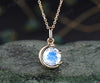 Minimalist June Birthstone Round Cut Blue Moonstone Necklace Delicate Moon Pendant 14k Yellow Gold Solitaire Necklace Birthday Gift