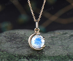 Minimalist June Birthstone Round Cut Blue Moonstone Necklace Delicate Moon Pendant 14k Yellow Gold Solitaire Necklace Birthday Gift