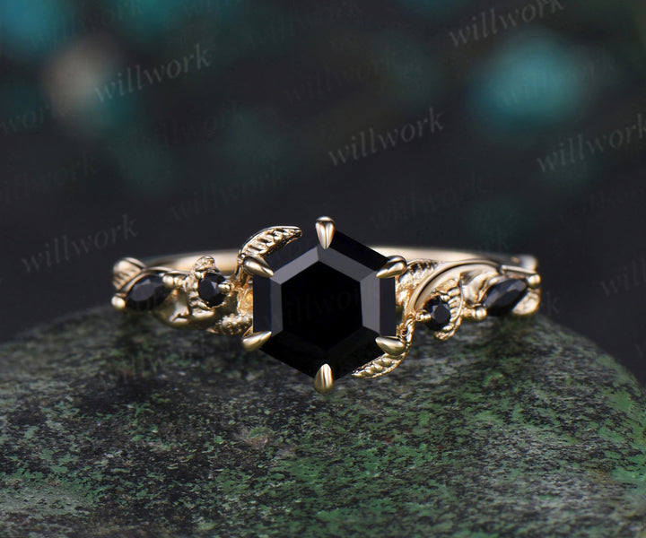 Vintage hexagon cut black onyx engagement ring set yellow gold leaf nature inspired five stone black spinel ring women