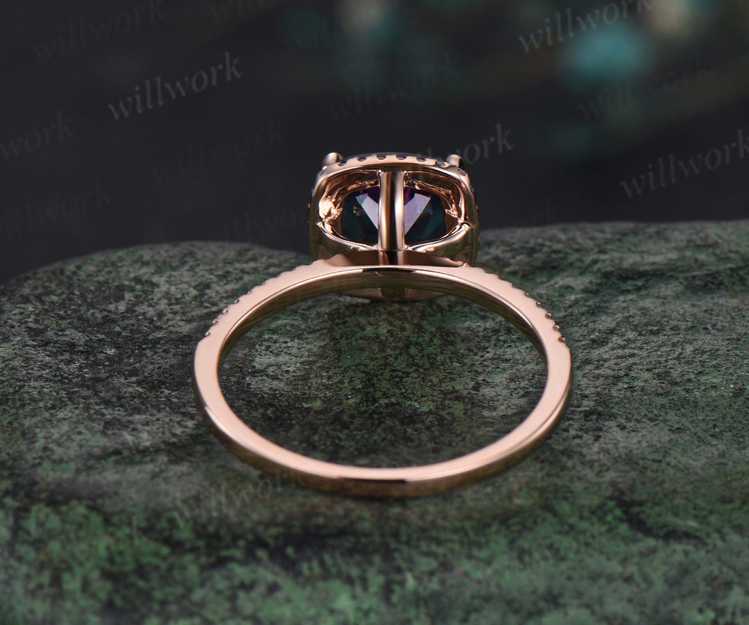 Cushion cut Alexandrite engagement ring solid 14k rose gold half eternity halo diamond wedding promise ring women jewelry