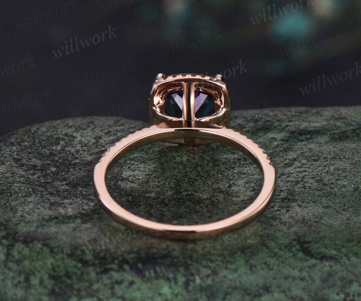 Cushion cut Alexandrite engagement ring solid 14k rose gold half eternity halo diamond wedding promise ring women jewelry