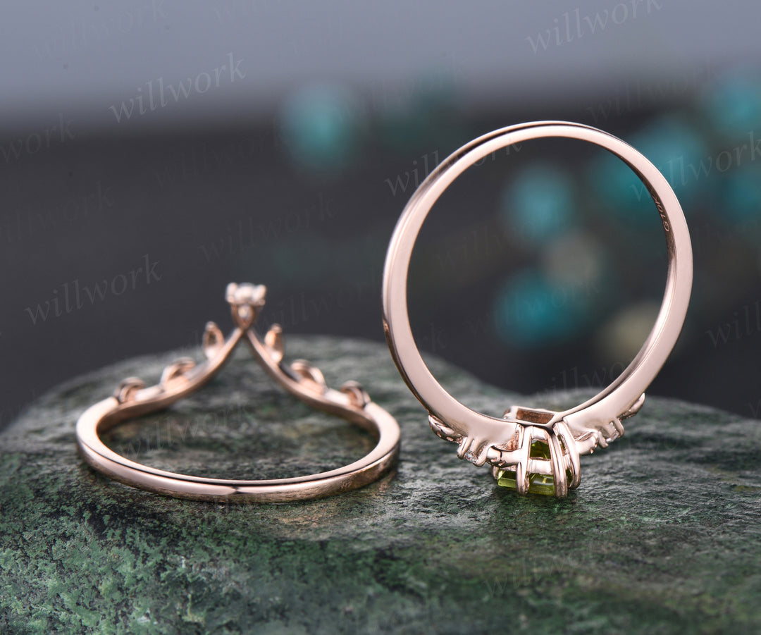 Unique kite peridot engagement ring rose gold art deco nature inspired pear moissanite ring women wedding promise ring set birthstone gift