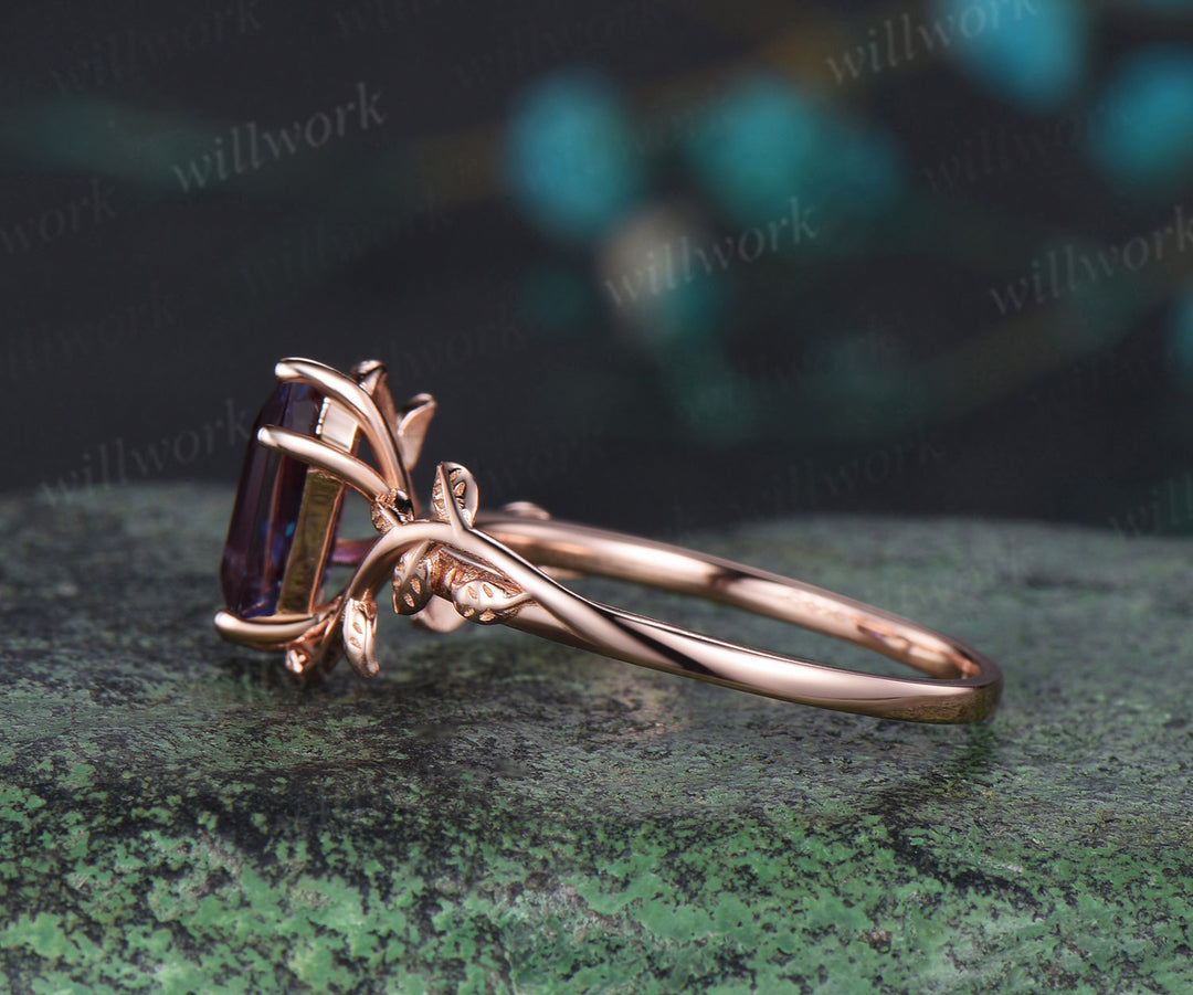 Shield shaped alexandrite Engagement Ring rose gold nature inspired leaf Solitaire wedding anniversary ring gift