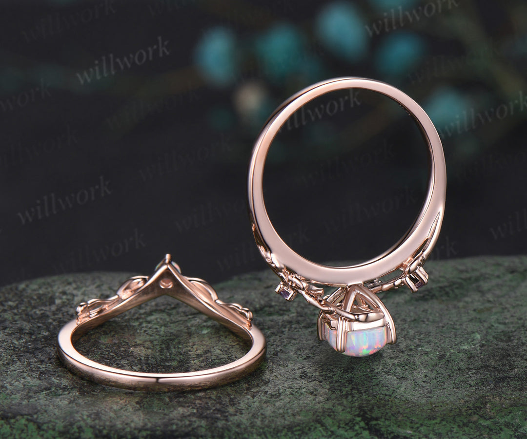 Vintage coffin white opal engagement ring rose gold leaf nature inspired amethyst ring women bridal anniversary ring set gift