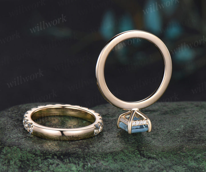Emerald cut natural aquamarine engagement ring 14k yellow gold under halo diamond ring women wedding band