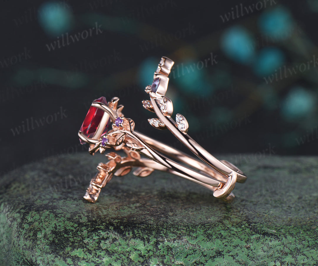 Vintage oval garnet engagement ring nature inspired leaf amethyst ring wedding band enhancer twisted bridal ring set women