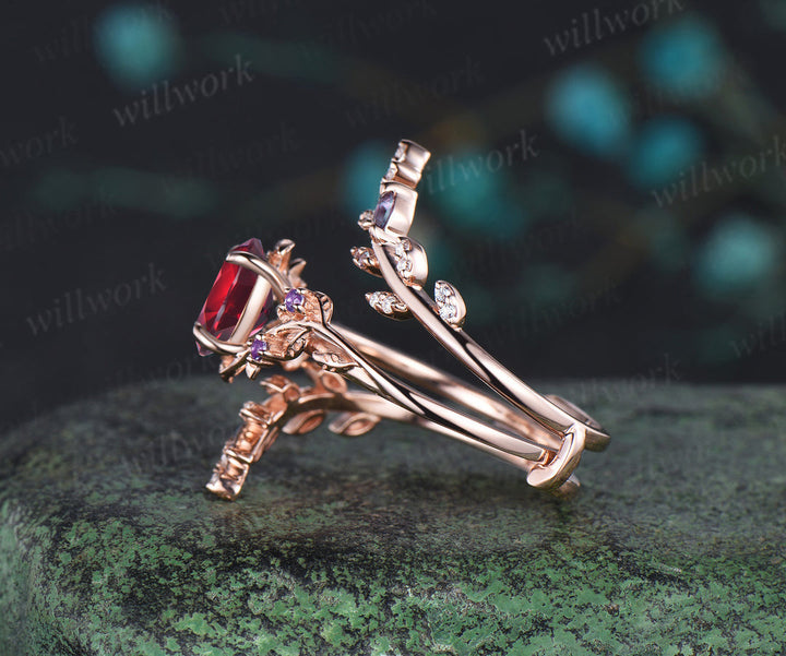 Vintage oval garnet engagement ring nature inspired leaf amethyst ring wedding band enhancer twisted bridal ring set women
