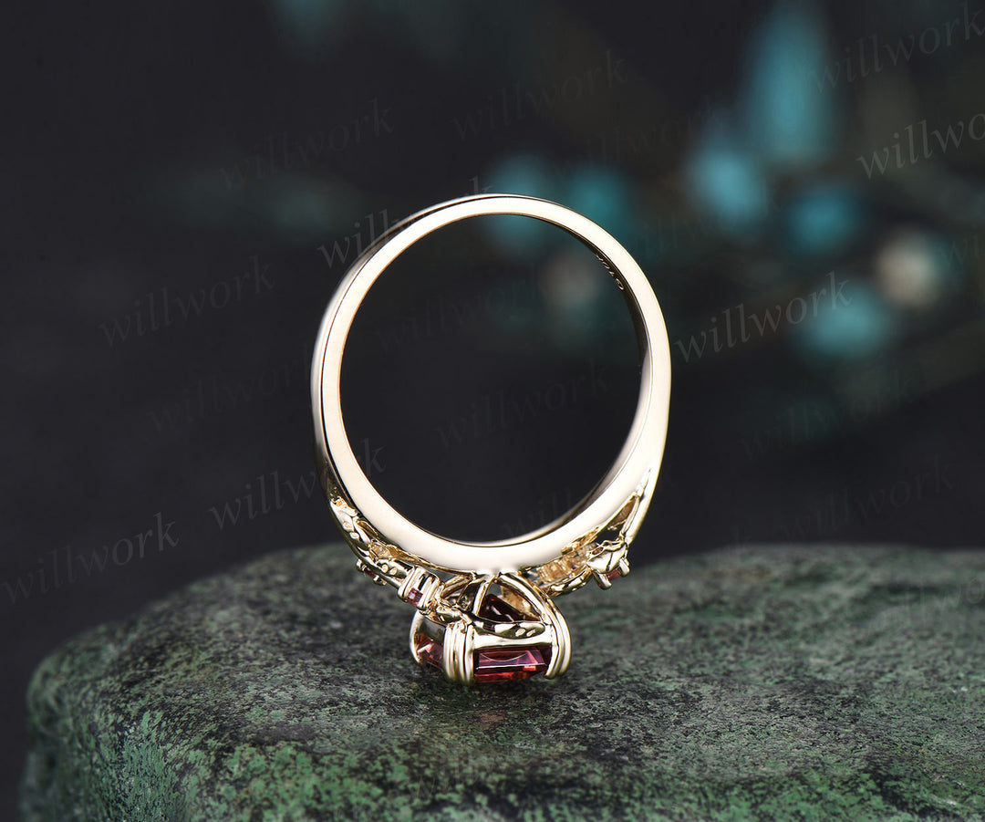 Vintage Asscher Cut Pink Tourmaline Engagement Ring solid 14k yellow gold five stone leaf branch wedding ring women jewelry