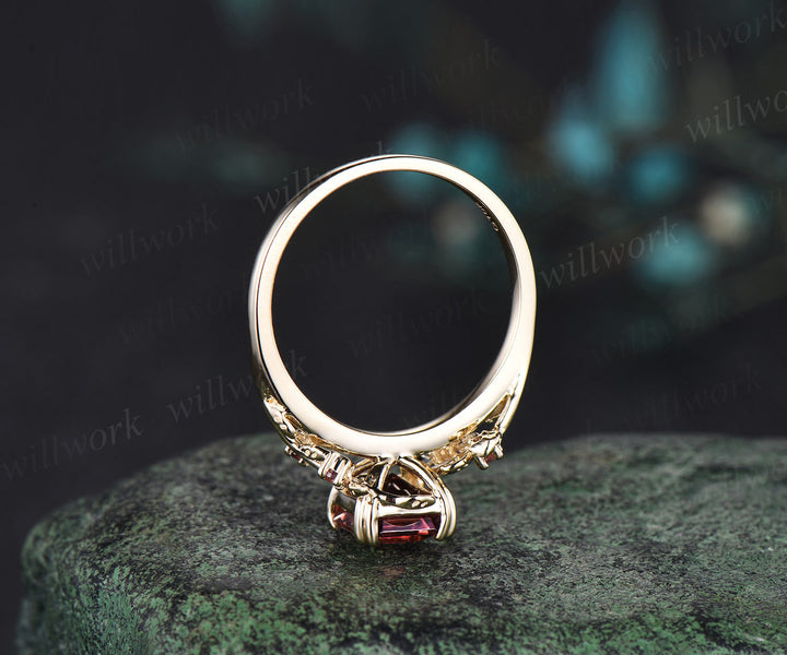 Vintage Asscher Cut Pink Tourmaline Engagement Ring solid 14k yellow gold five stone leaf branch wedding ring women jewelry