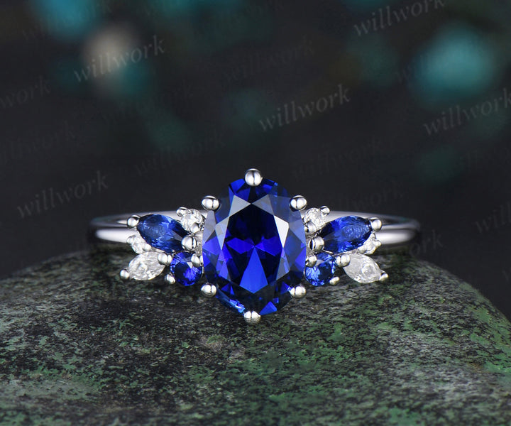Oval cut blue sapphire engagement ring 6 prong white gold cluster snowdrift bridal anniversary ring set women jewelry