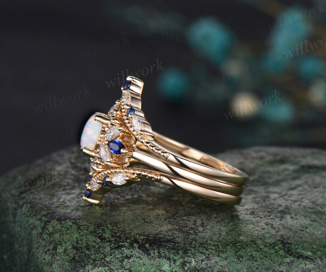 Hexagon white opal engagement ring set 14k yellow gold halo moissanite sapphire wedding ring set