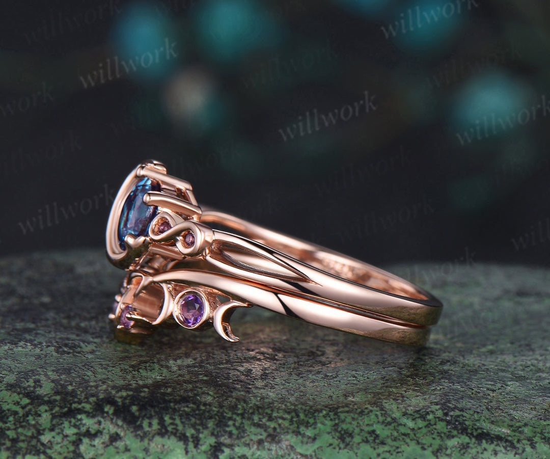Round cut alexandrite engagement ring rose gold moon infinity five stone amethyst Celtic knot wedding ring set women