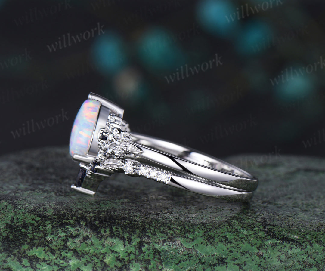 Pear opal engagement ring white gold leaf floral unique cluster blue sandstone diamond bridal wedding ring set women gift