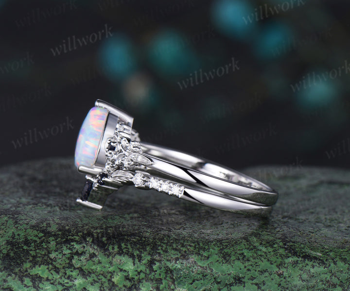 Pear opal engagement ring white gold leaf floral unique cluster blue sandstone diamond bridal wedding ring set women gift