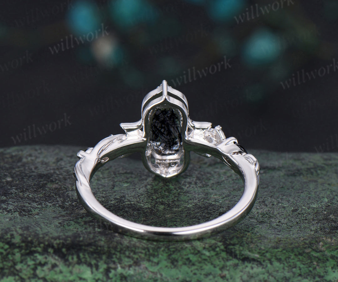 Coffin cut black rutilated quartz engagement ring white gold antique leaf twisted moon diamond wedding anniversary ring women gift