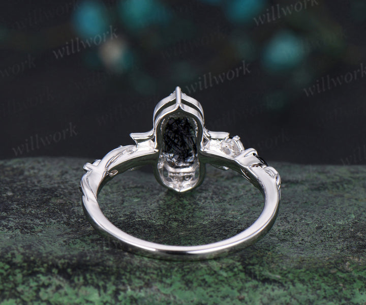 Coffin cut black rutilated quartz engagement ring white gold antique leaf twisted moon diamond wedding anniversary ring women gift