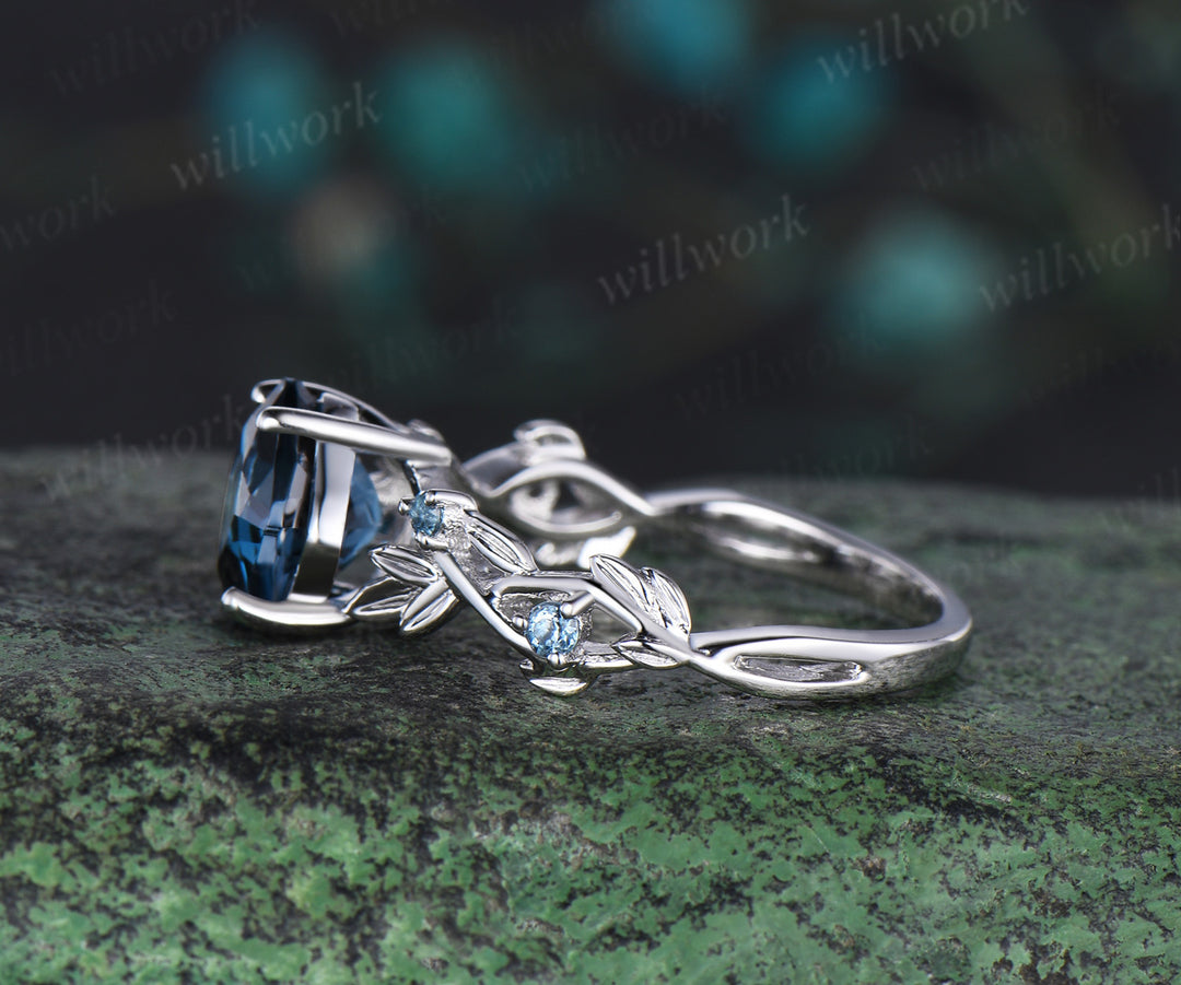 Twig cushion cut London blue topaz engagement ring 14k white gold leaf topaz ring December birthstone ring anniversary ring for women gift