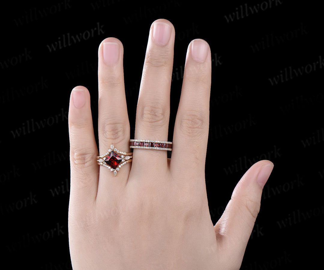 Princess cut garnet engagement ring set men garnet eternity band couple ring wedding set anniversary gifts