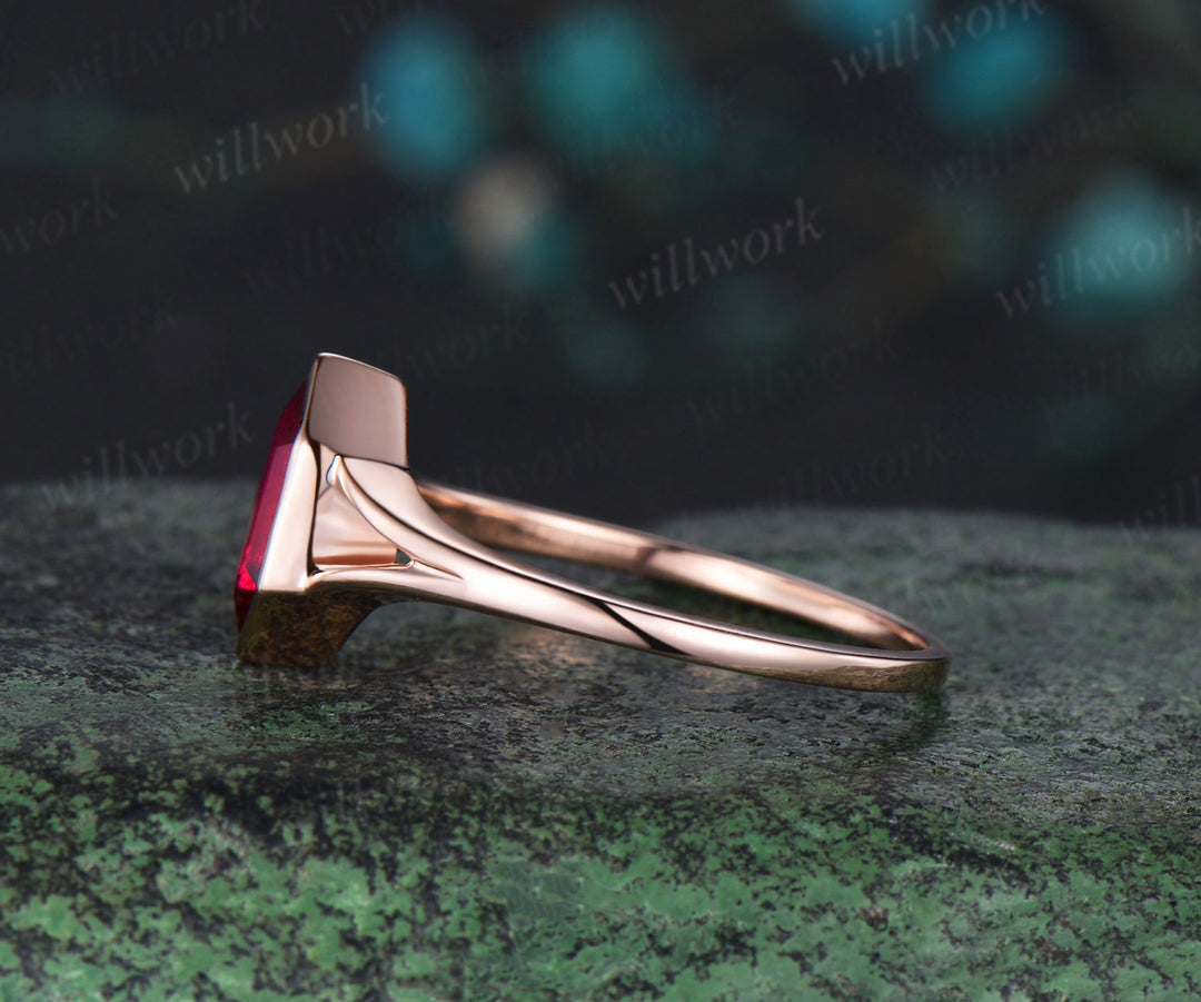Vintage long hexagon cut red ruby Engagement Ring rose gold Solitaire split shank wedding anniversary promise ring women