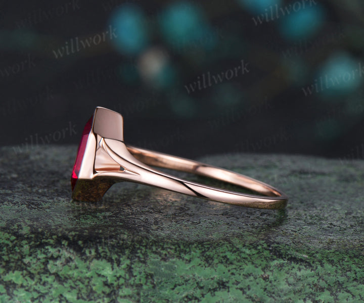 Vintage long hexagon cut red ruby Engagement Ring rose gold Solitaire split shank wedding anniversary promise ring women