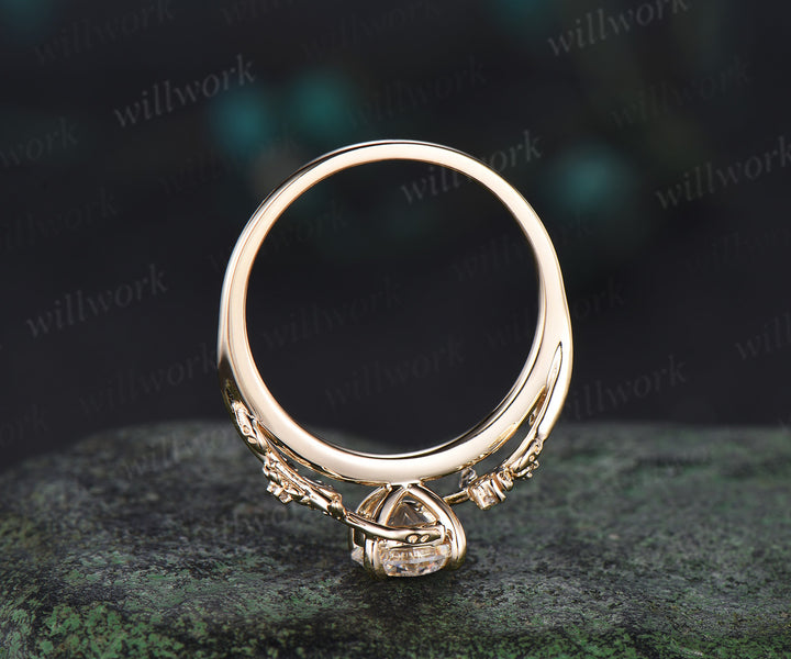 1ct Round cut IGI Lab grown diamond engagement ring 14k yellow gold moon floral five stone ring vintage leaf branch promise ring women
