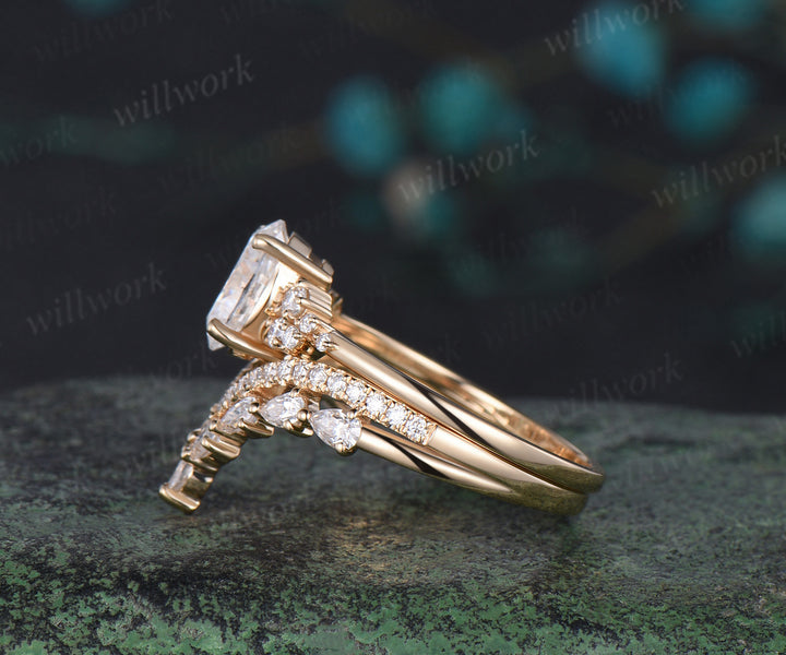 Oval cut moissanite engagement ring 14k yellow gold snowdrift diamond ring vintage unique wedding bridal ring set women