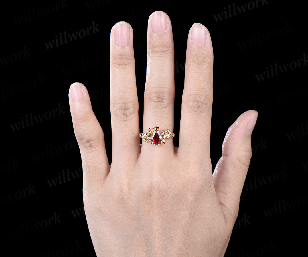 Vintage pear red ruby engagement ring five stone solid 14k yellow gold nature inspired leaf floral emerald wedding ring women gift