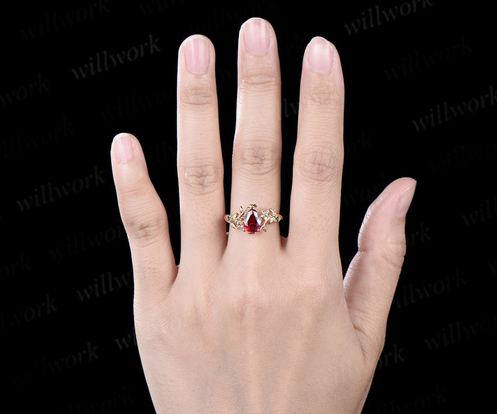 Vintage pear red ruby engagement ring five stone solid 14k yellow gold nature inspired leaf floral emerald wedding ring women gift