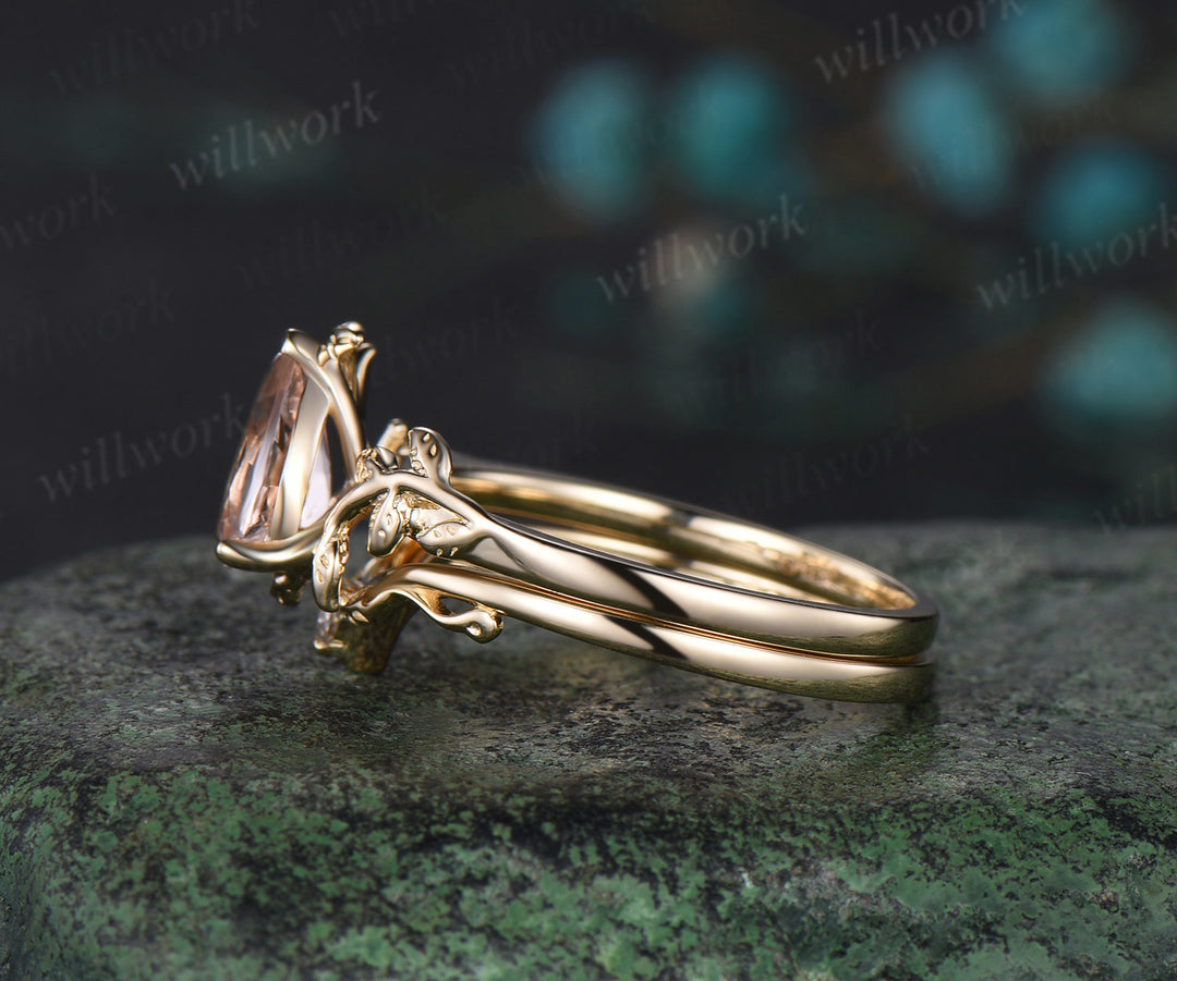 Pear shaped morganite Engagement Ring Solitaire leaf nature inspired solid 14k yellow gold wedding bridal ring set women jewelry