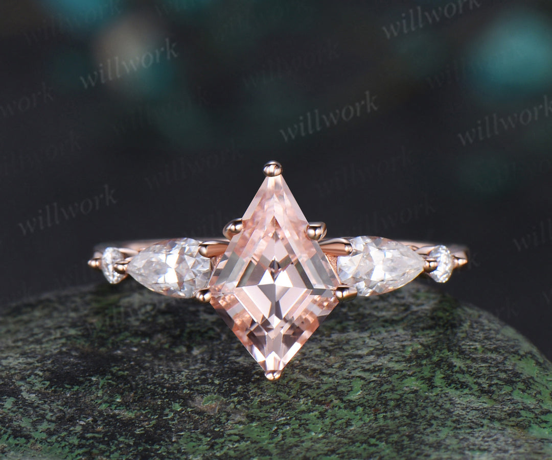 Kite cut morganite engagement ring rose gold 6 prong five stone pear diamond ring vintage promise bridal ring set women