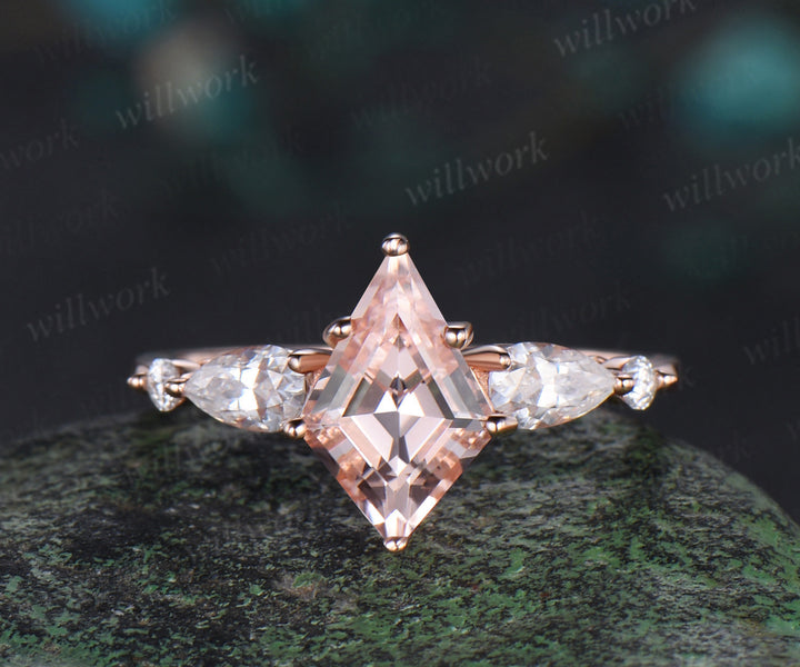 Kite cut morganite engagement ring rose gold 6 prong five stone pear diamond ring vintage promise bridal ring set women