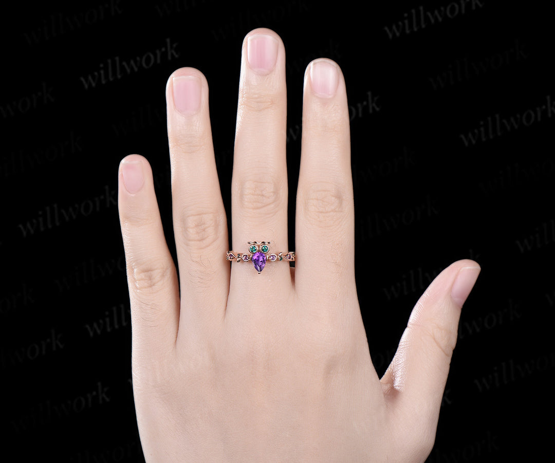 Vintage pear cut amethyst Engagement Ring rose gold Owl emerald ring women Crystal unique wedding anniversary ring gift