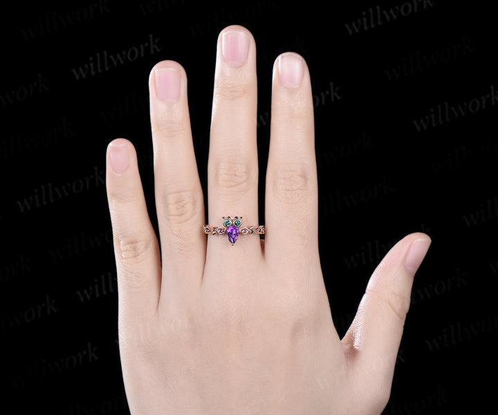 Vintage pear cut amethyst Engagement Ring rose gold Owl emerald ring women Crystal unique wedding anniversary ring gift